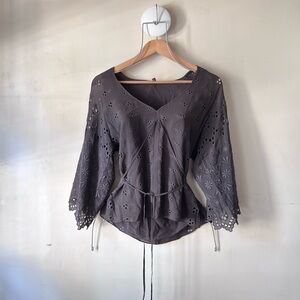 Mint Brown Silk Eyelet Lace Up Top